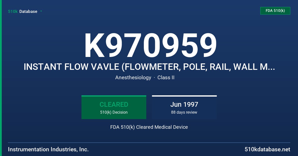 K970959 INSTANT FLOW VAVLE (FLOWMETER, POLE, RAIL, WALL MOUNT) FDA 510(k) Cleared Medical Device