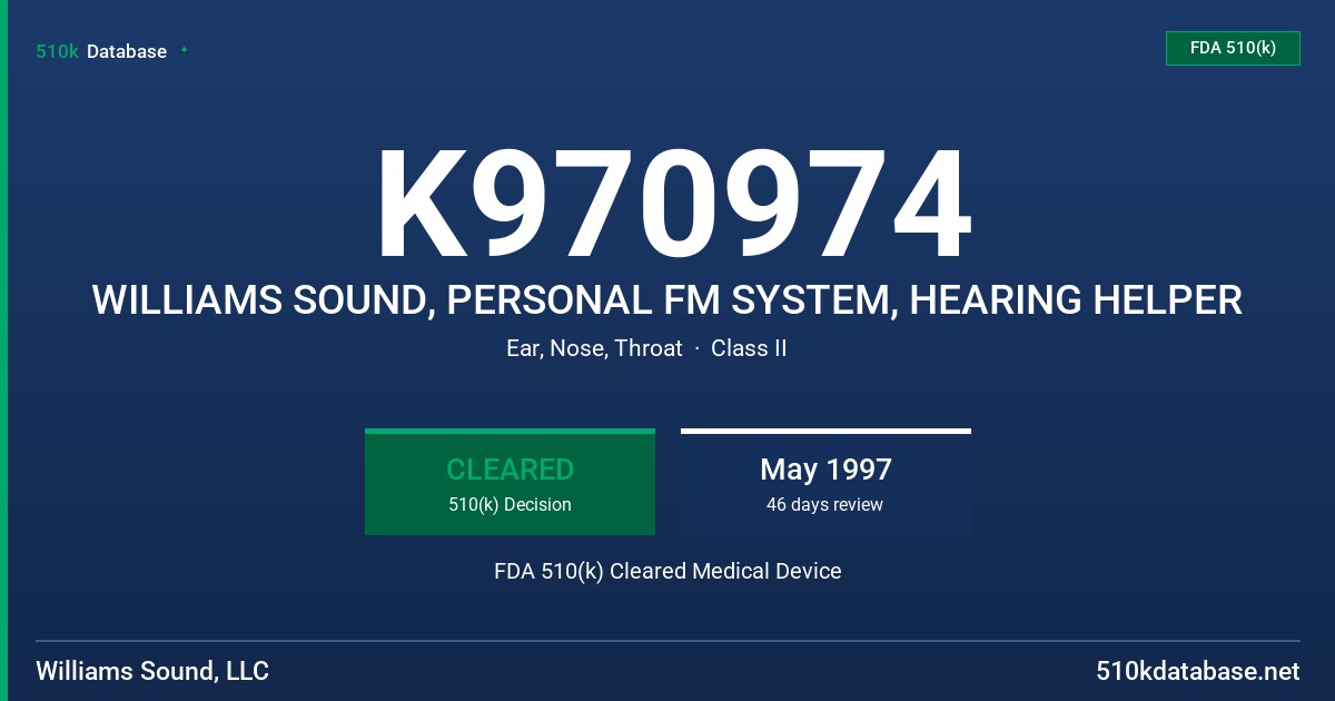 K970974 WILLIAMS SOUND, PERSONAL FM SYSTEM, HEARING HELPER FDA 510(k) Cleared Medical Device