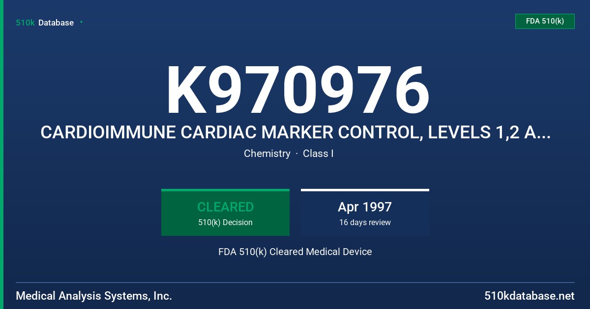 K970976 CARDIOIMMUNE CARDIAC MARKER CONTROL, LEVELS 1,2 AND 3 FDA 510(k) Cleared Medical Device