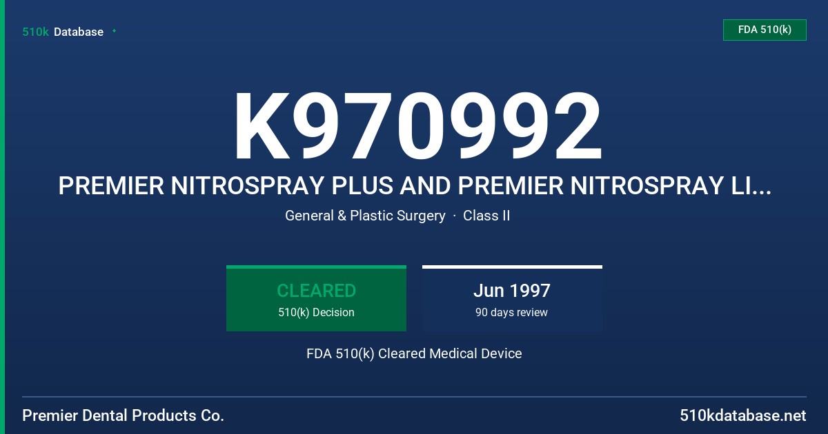K970992 PREMIER NITROSPRAY PLUS AND PREMIER NITROSPRAY LITE PLUS FDA 510(k) Cleared Medical Device