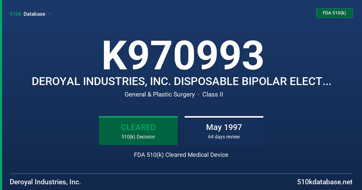 K970993 DEROYAL INDUSTRIES, INC. DISPOSABLE BIPOLAR ELECTROSURGICAL CABLE FDA 510(k) Cleared Medical Device