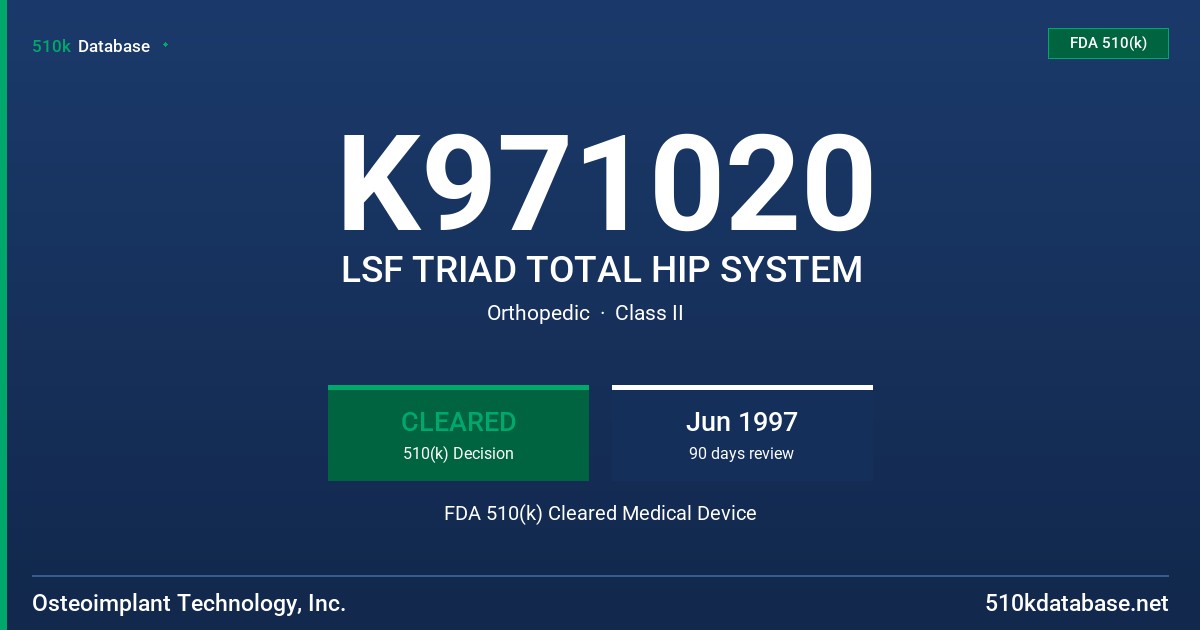K971020 LSF TRIAD TOTAL HIP SYSTEM FDA 510(k) Cleared Medical Device
