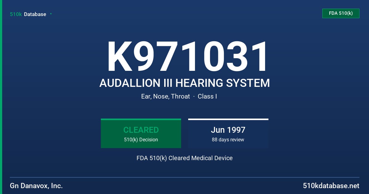 K971031 AUDALLION III HEARING SYSTEM FDA 510(k) Cleared Medical Device