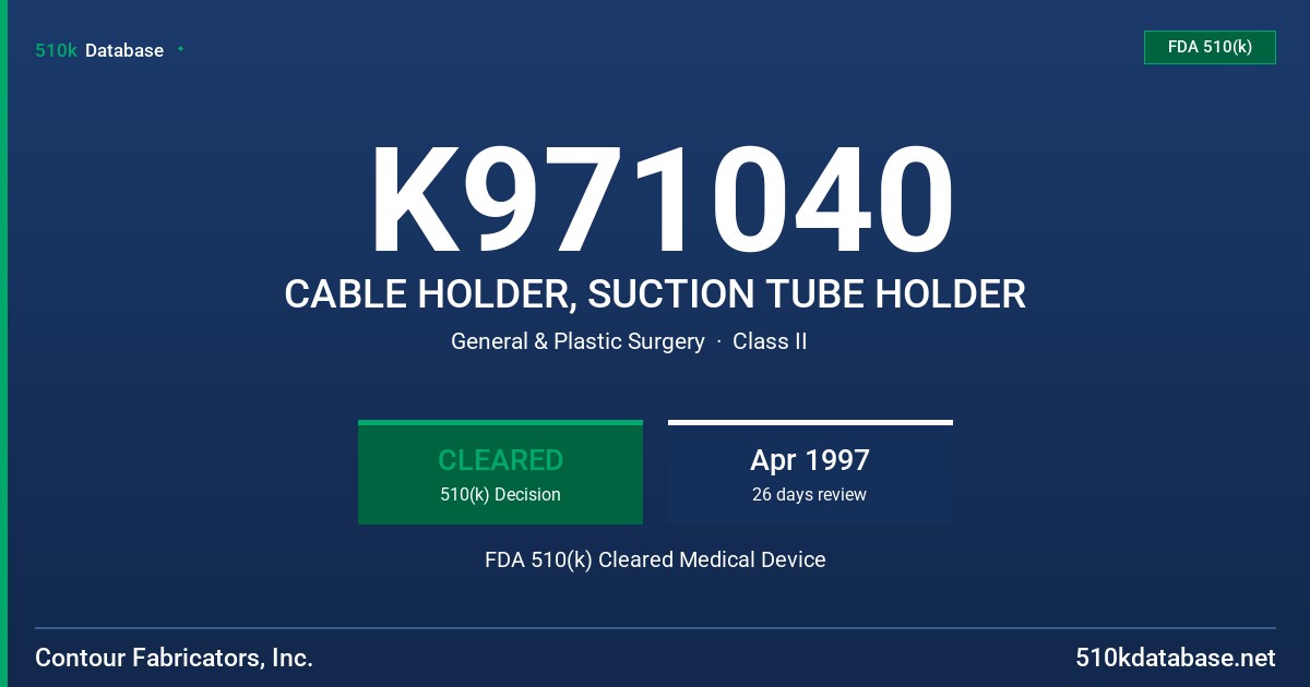 K971040 CABLE HOLDER, SUCTION TUBE HOLDER FDA 510(k) Cleared Medical Device