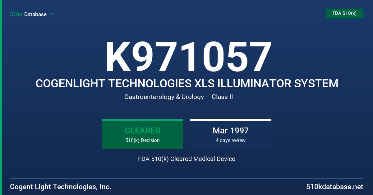 K971057 COGENLIGHT TECHNOLOGIES XLS ILLUMINATOR SYSTEM FDA 510(k) Cleared Medical Device
