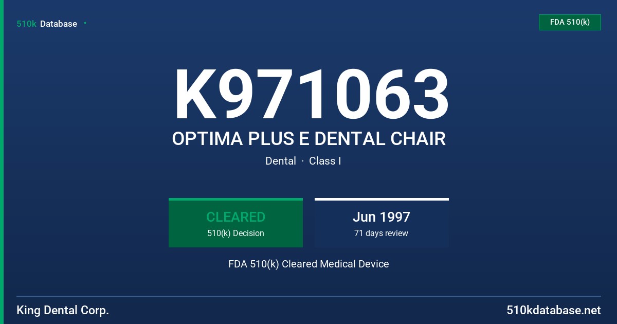 K971063 OPTIMA PLUS E DENTAL CHAIR FDA 510(k) Cleared Medical Device