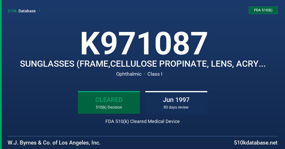 K971087 SUNGLASSES (FRAME,CELLULOSE PROPINATE, LENS, ACRYLIC) FDA 510(k) Cleared Medical Device