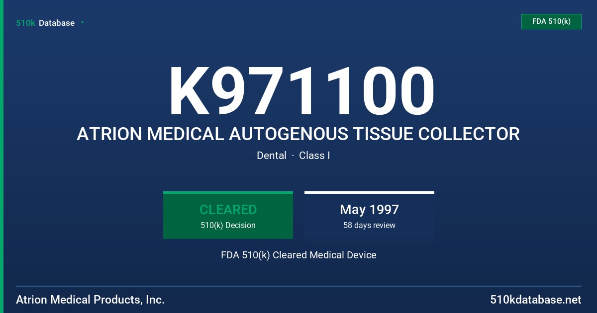 K971100 ATRION MEDICAL AUTOGENOUS TISSUE COLLECTOR FDA 510(k) Cleared Medical Device
