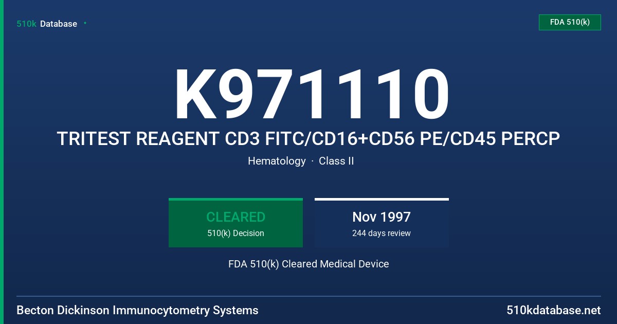 K971110 TRITEST REAGENT CD3 FITC/CD16+CD56 PE/CD45 PERCP FDA 510(k) Cleared Medical Device