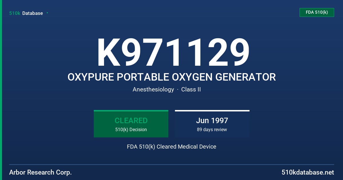 K971129 OXYPURE PORTABLE OXYGEN GENERATOR FDA 510(k) Cleared Medical Device