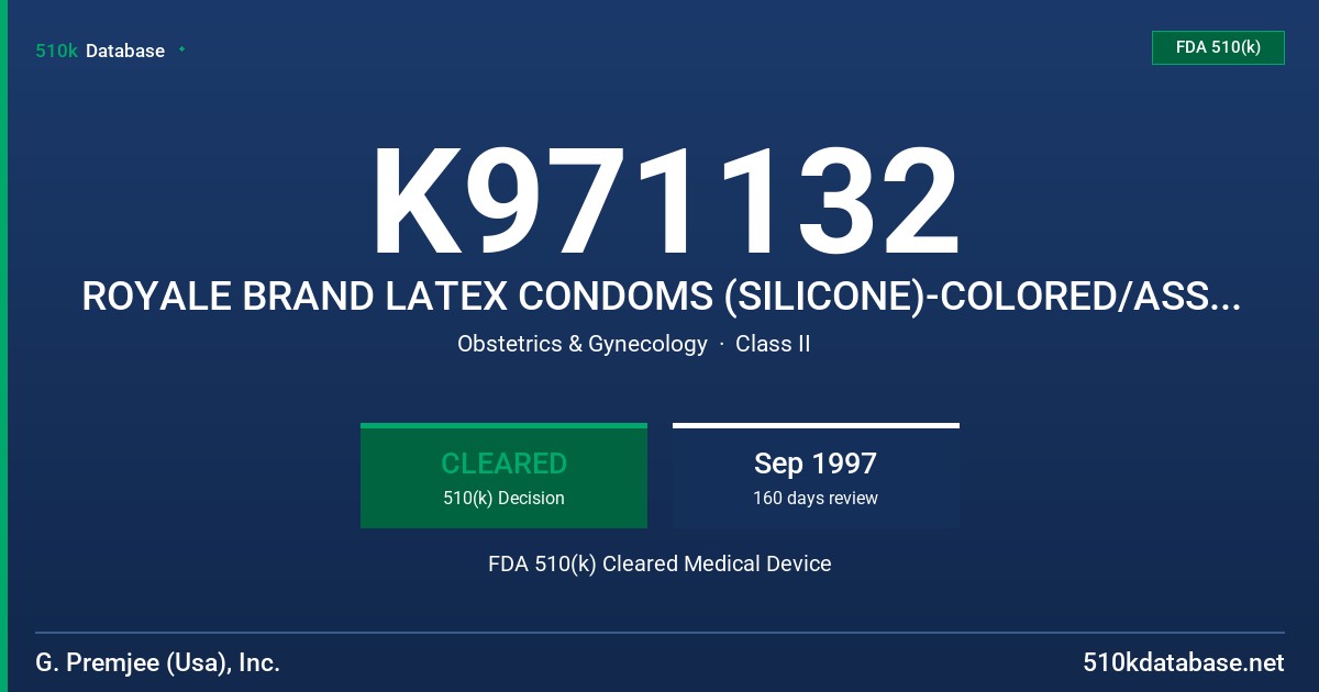 K971132 ROYALE BRAND LATEX CONDOMS (SILICONE)-COLORED/ASSORTED COLORS FDA 510(k) Cleared Medical Device