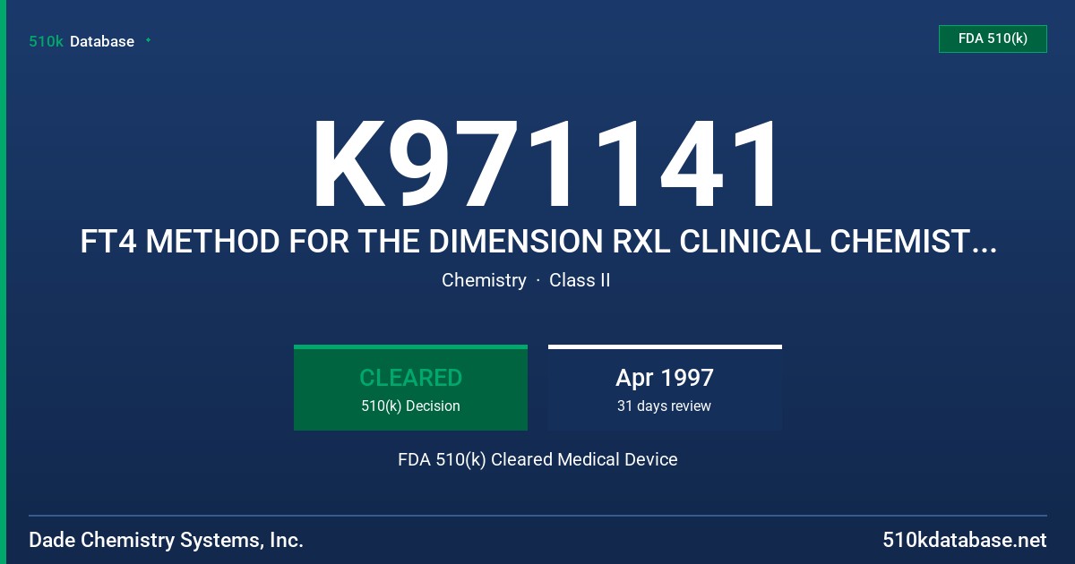 K971141 FT4 METHOD FOR THE DIMENSION RXL CLINICAL CHEMISTRY SYSTEM FDA 510(k) Cleared Medical Device