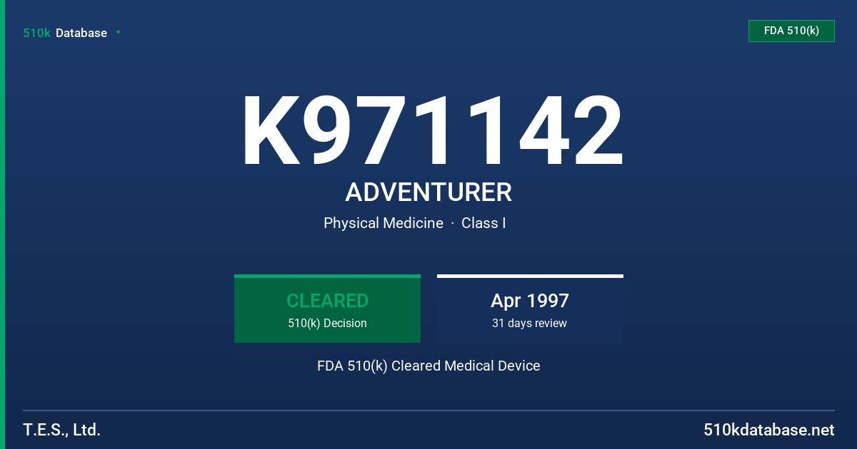 K971142 ADVENTURER FDA 510(k) Cleared Medical Device