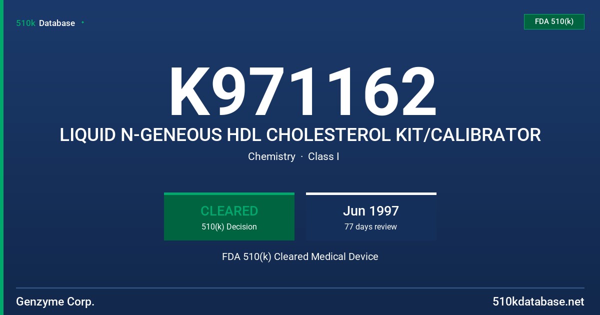 K971162 LIQUID N-GENEOUS HDL CHOLESTEROL KIT/CALIBRATOR FDA 510(k) Cleared Medical Device