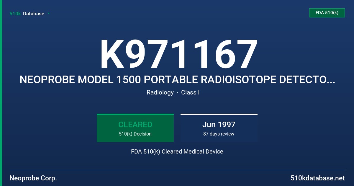K971167 NEOPROBE MODEL 1500 PORTABLE RADIOISOTOPE DETECTOR AND ACCESSORIES FDA 510(k) Cleared Medical Device