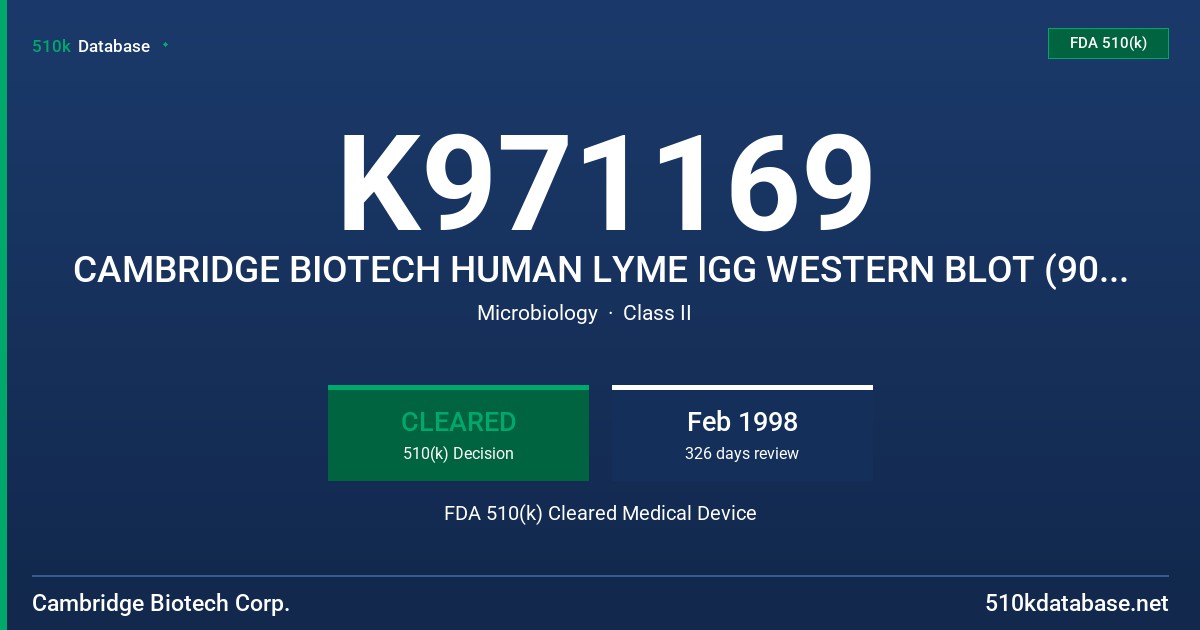 K971169 CAMBRIDGE BIOTECH HUMAN LYME IGG WESTERN BLOT (90111) FDA 510(k) Cleared Medical Device