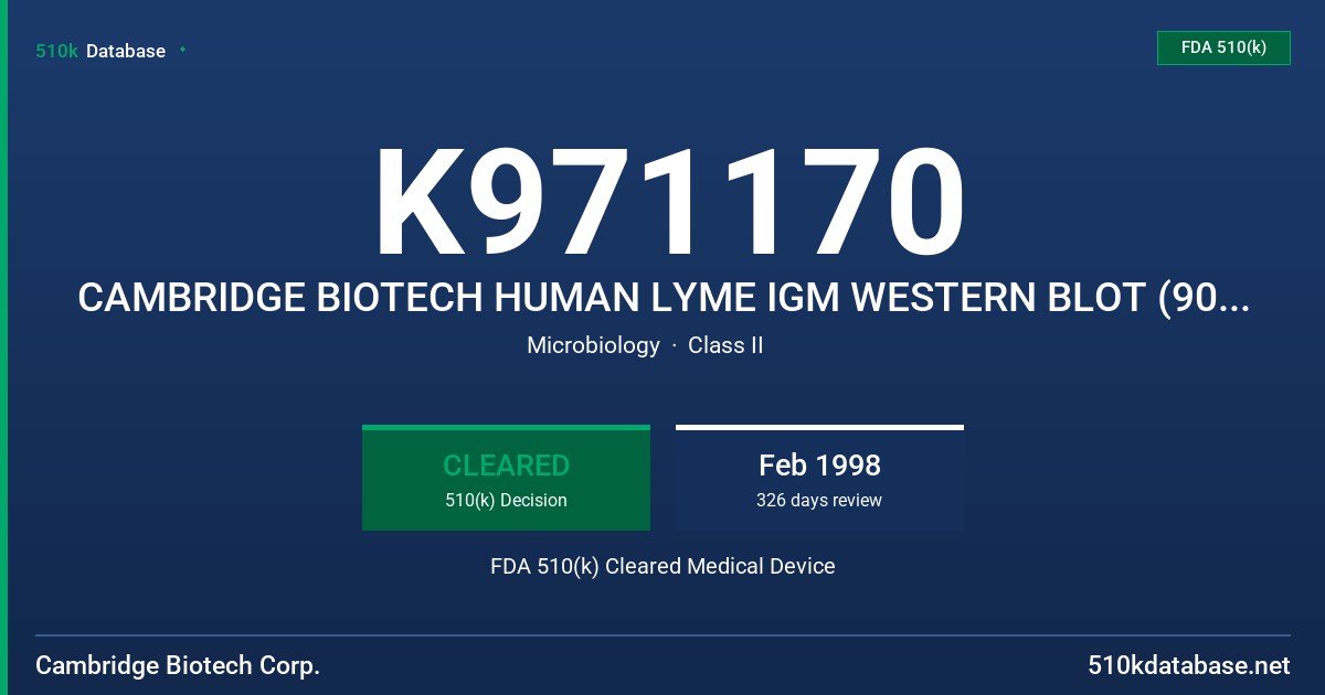 K971170 CAMBRIDGE BIOTECH HUMAN LYME IGM WESTERN BLOT (90112) FDA 510(k) Cleared Medical Device