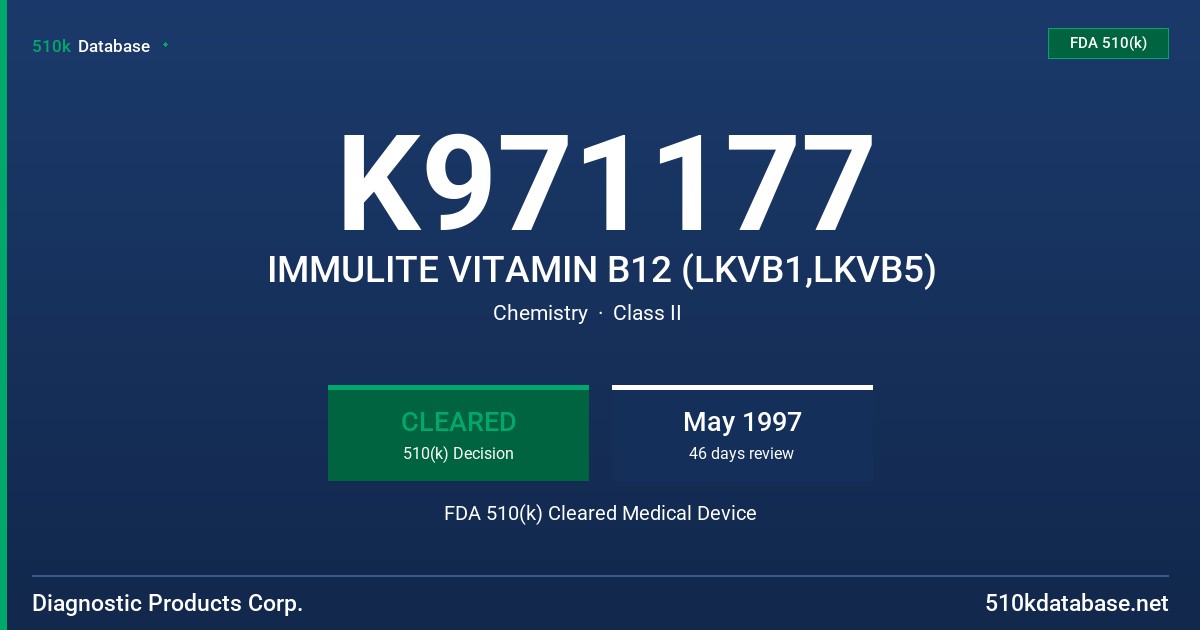 K971177 IMMULITE VITAMIN B12 (LKVB1,LKVB5) FDA 510(k) Cleared Medical Device