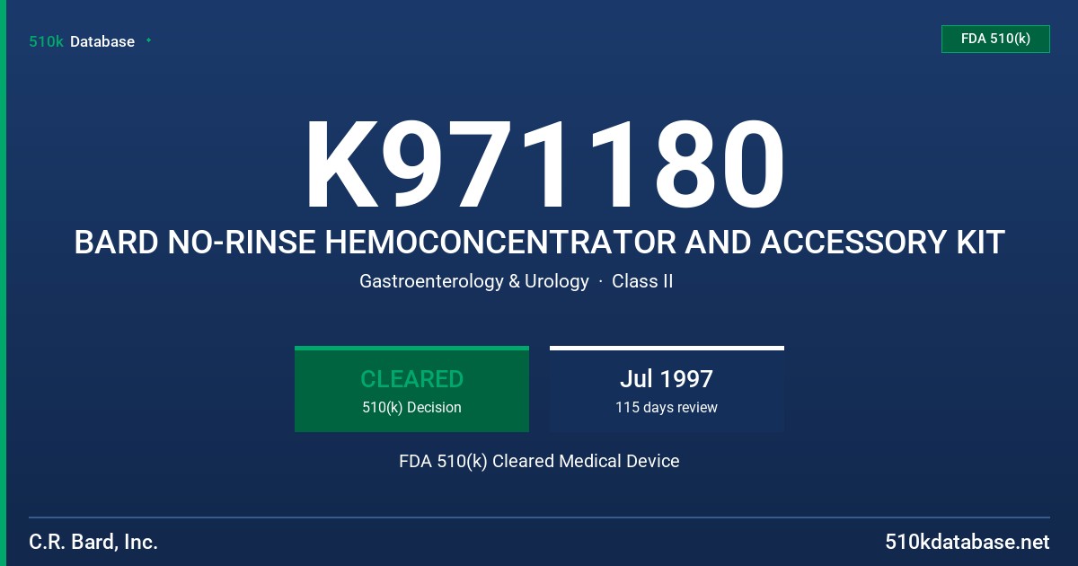 K971180 BARD NO-RINSE HEMOCONCENTRATOR AND ACCESSORY KIT FDA 510(k) Cleared Medical Device