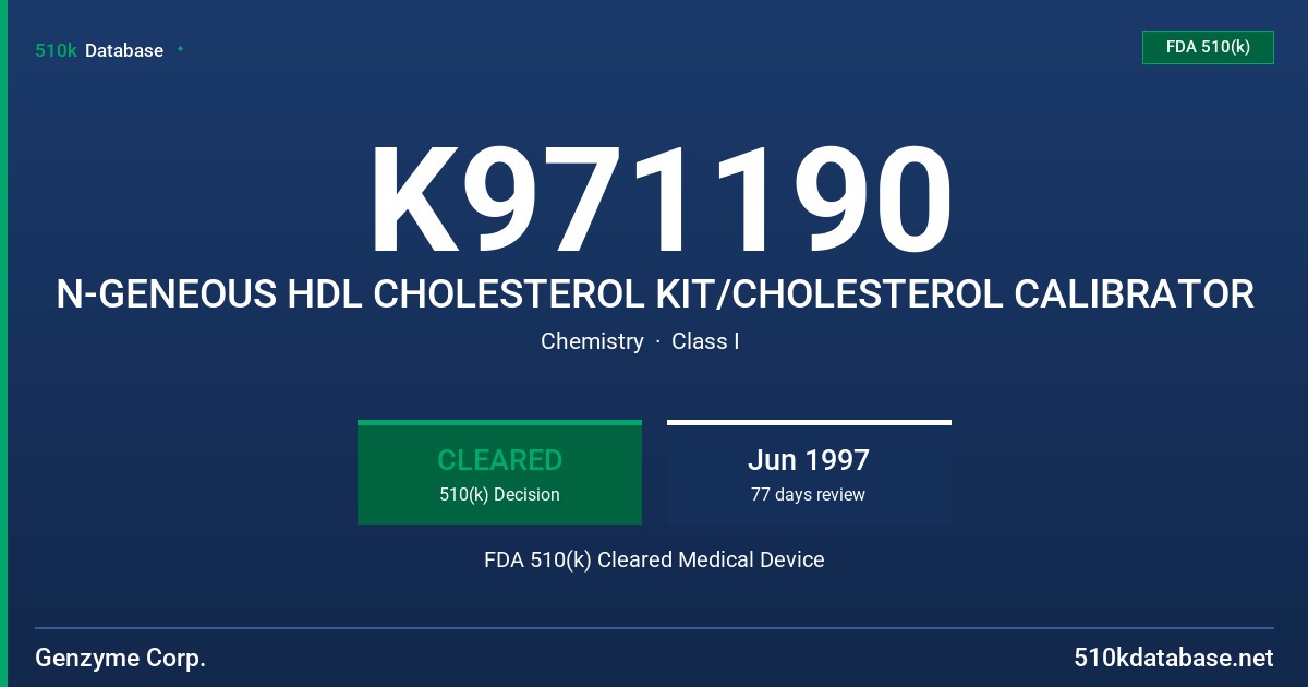 K971190 N-GENEOUS HDL CHOLESTEROL KIT/CHOLESTEROL CALIBRATOR FDA 510(k) Cleared Medical Device