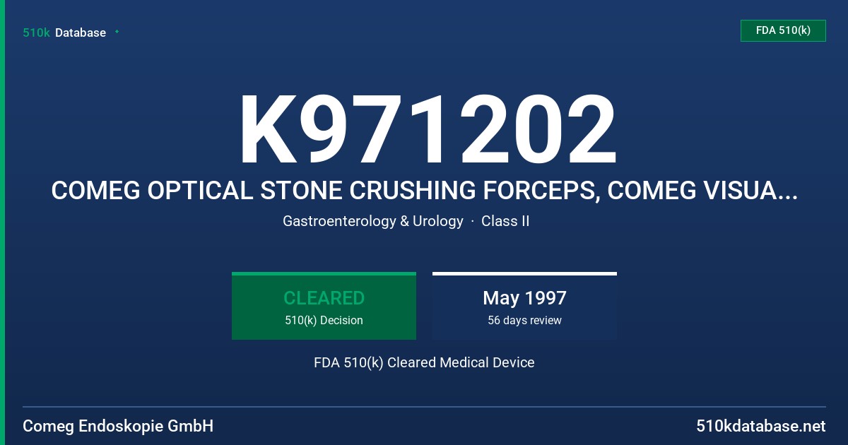 K971202 COMEG OPTICAL STONE CRUSHING FORCEPS, COMEG VISUAL OBTURATORS FOR UROLOGY, COMEG OPTICAL BIOPSY FORCEPS FDA 510(k) Cleared Medical Device