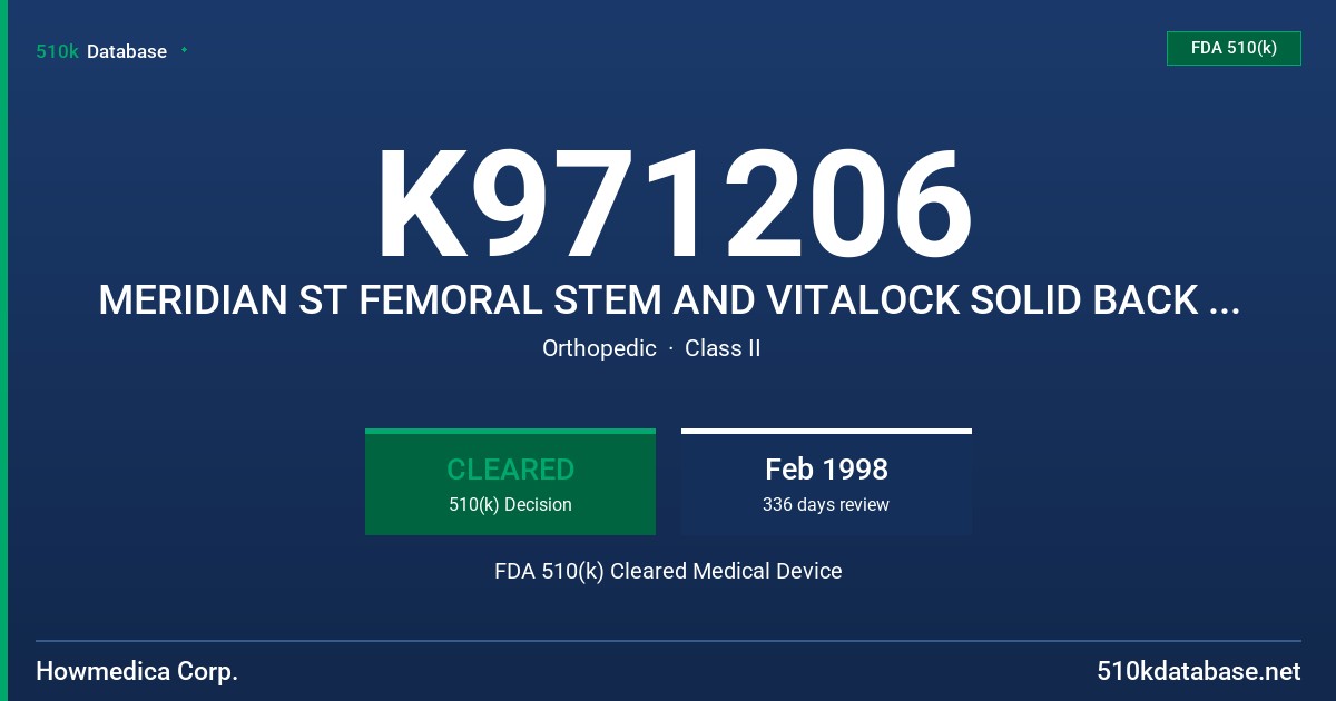 K971206 MERIDIAN ST FEMORAL STEM AND VITALOCK SOLID BACK SHELL W/ PERI-APATITE COATING FDA 510(k) Cleared Medical Device