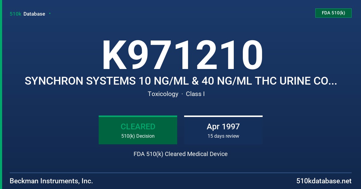 K971210 SYNCHRON SYSTEMS 10 NG/ML & 40 NG/ML THC URINE CONTROLS FDA 510(k) Cleared Medical Device