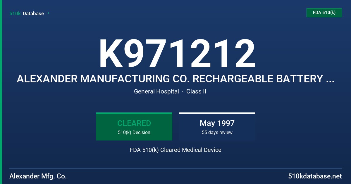 K971212 ALEXANDER MANUFACTURING CO. RECHARGEABLE BATTERY PART NUMBER GL4018 FDA 510(k) Cleared Medical Device