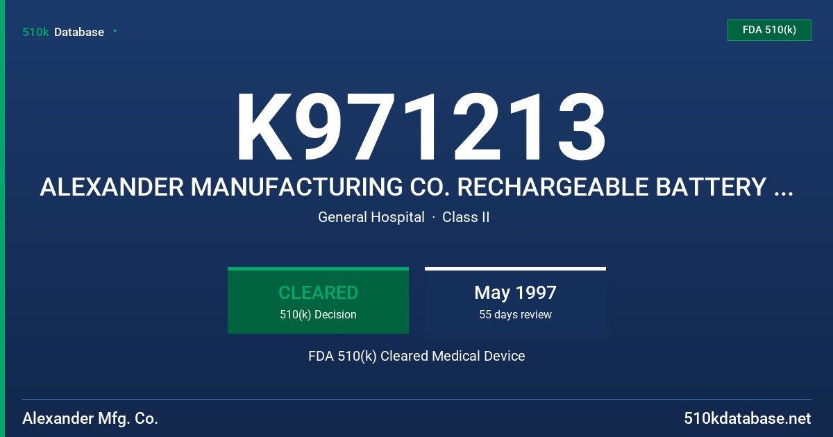 K971213 ALEXANDER MANUFACTURING CO. RECHARGEABLE BATTERY # GL825-P FDA 510(k) Cleared Medical Device