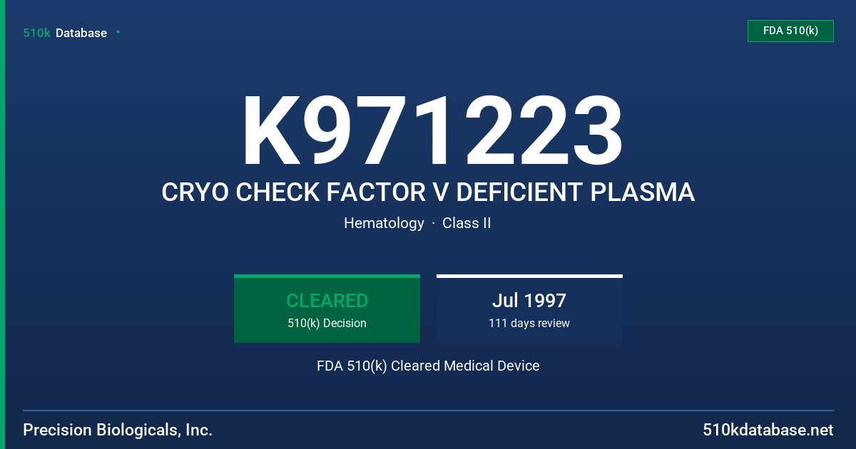 K971223 CRYO CHECK FACTOR V DEFICIENT PLASMA FDA 510(k) Cleared Medical Device