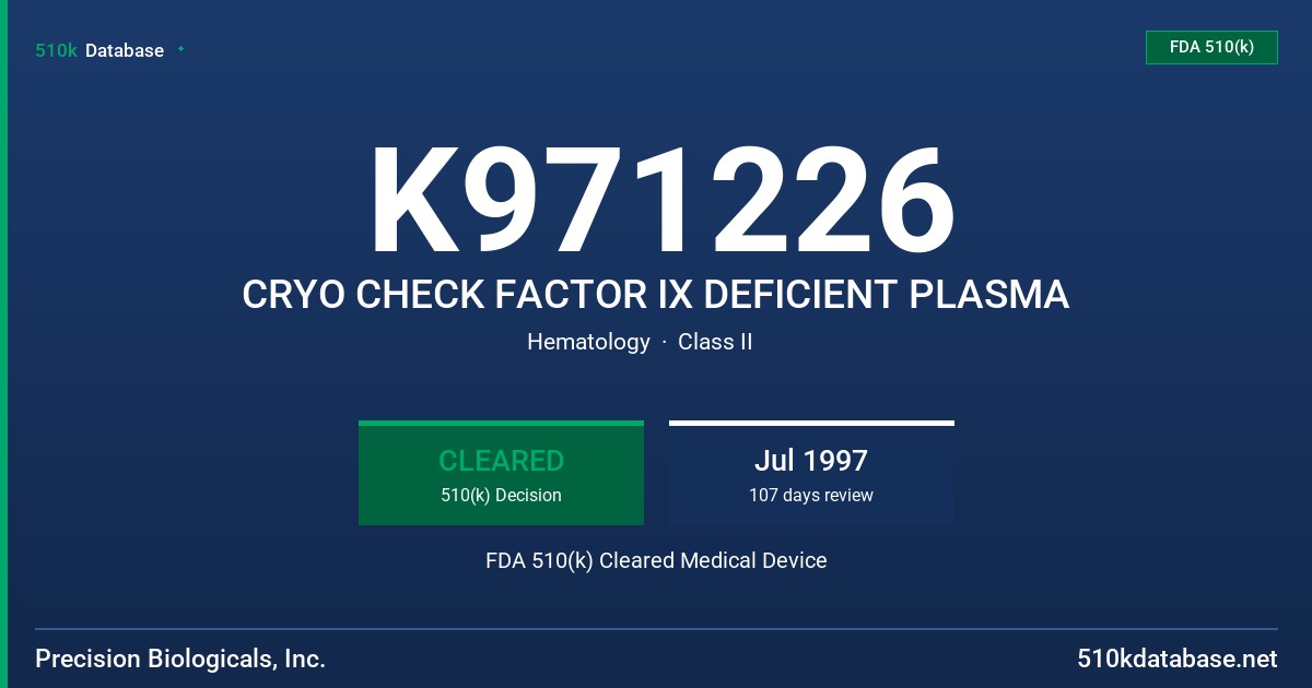 K971226 CRYO CHECK FACTOR IX DEFICIENT PLASMA FDA 510(k) Cleared Medical Device