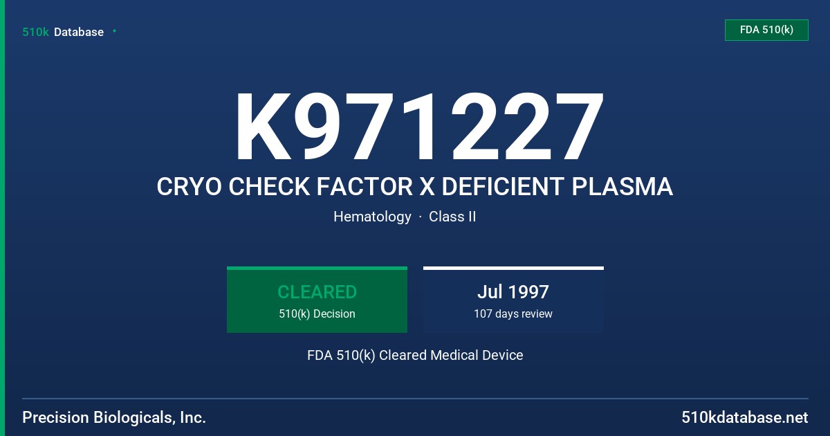 K971227 CRYO CHECK FACTOR X DEFICIENT PLASMA FDA 510(k) Cleared Medical Device