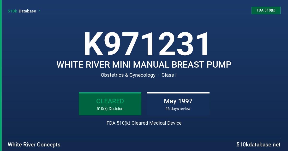 K971231 WHITE RIVER MINI MANUAL BREAST PUMP FDA 510(k) Cleared Medical Device