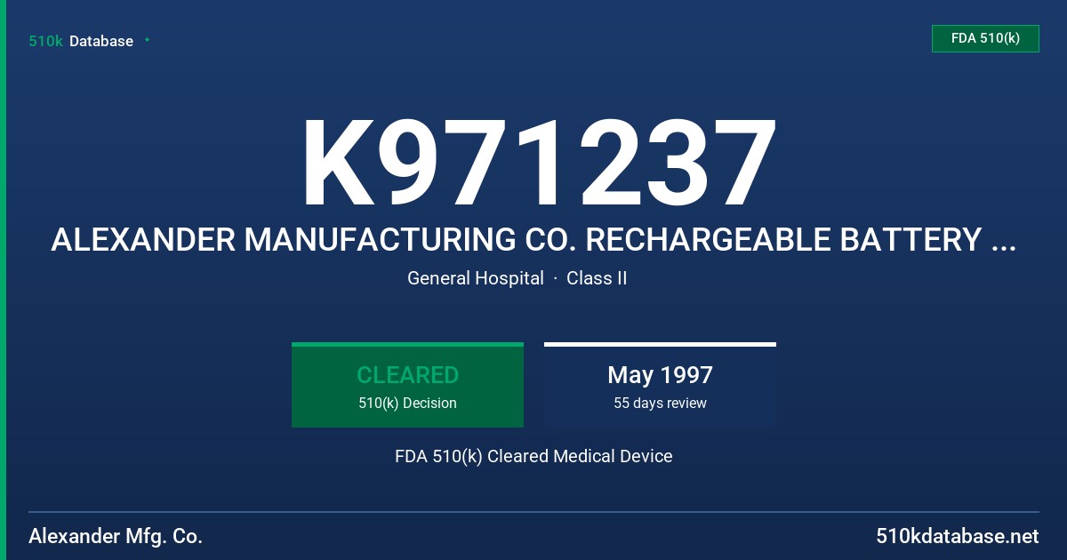 K971237 ALEXANDER MANUFACTURING CO. RECHARGEABLE BATTERY PART NUMBER GL8108 FDA 510(k) Cleared Medical Device