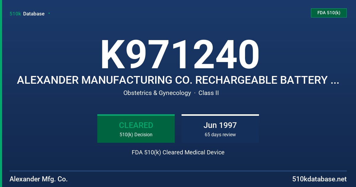 K971240 ALEXANDER MANUFACTURING CO. RECHARGEABLE BATTERY PART NUMBER M006 FDA 510(k) Cleared Medical Device