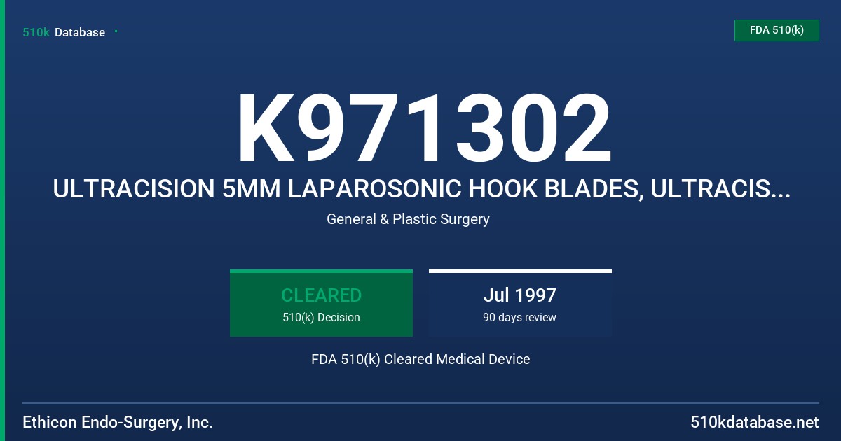 K971302 ULTRACISION 5MM LAPAROSONIC HOOK BLADES, ULTRACISION HS2 BLADE FDA 510(k) Cleared Medical Device