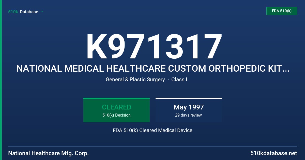 K971317 NATIONAL MEDICAL HEALTHCARE CUSTOM ORTHOPEDIC KITS AND TRAYS FDA 510(k) Cleared Medical Device