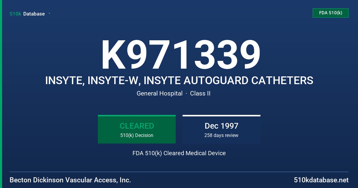 K971339 INSYTE, INSYTE-W, INSYTE AUTOGUARD CATHETERS FDA 510(k) Cleared Medical Device