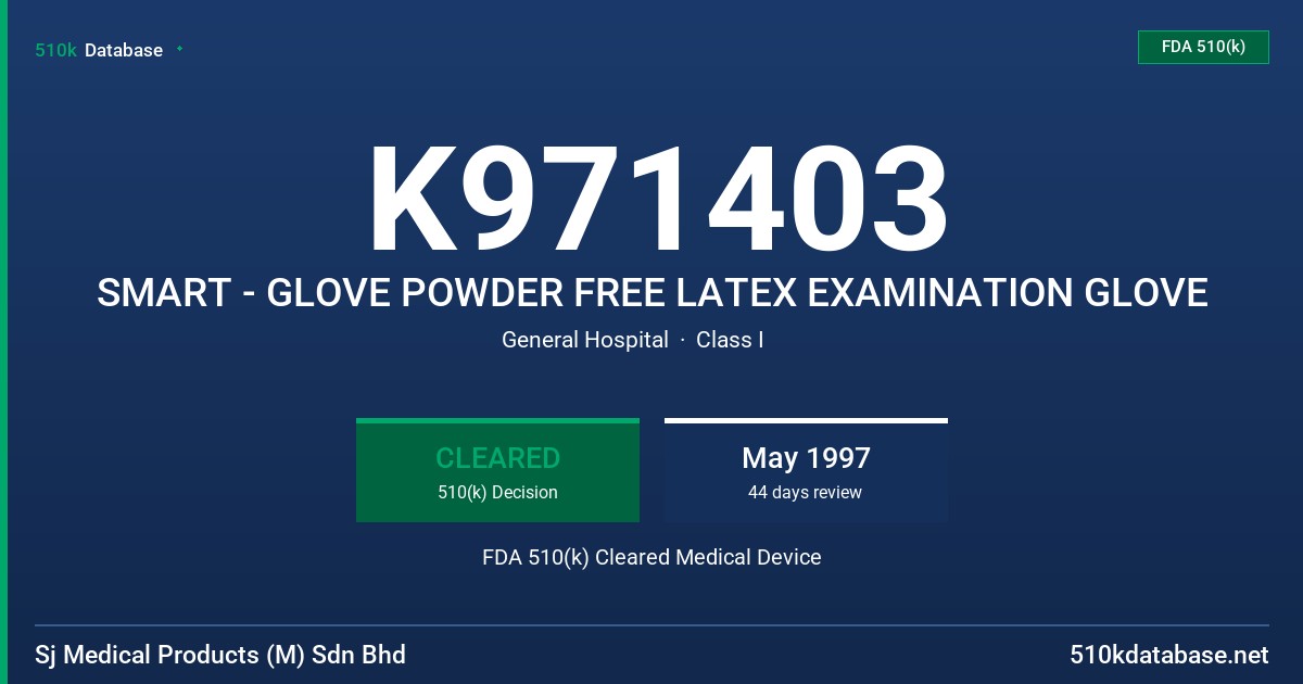 K971403 SMART - GLOVE POWDER FREE LATEX EXAMINATION GLOVE FDA 510(k) Cleared Medical Device