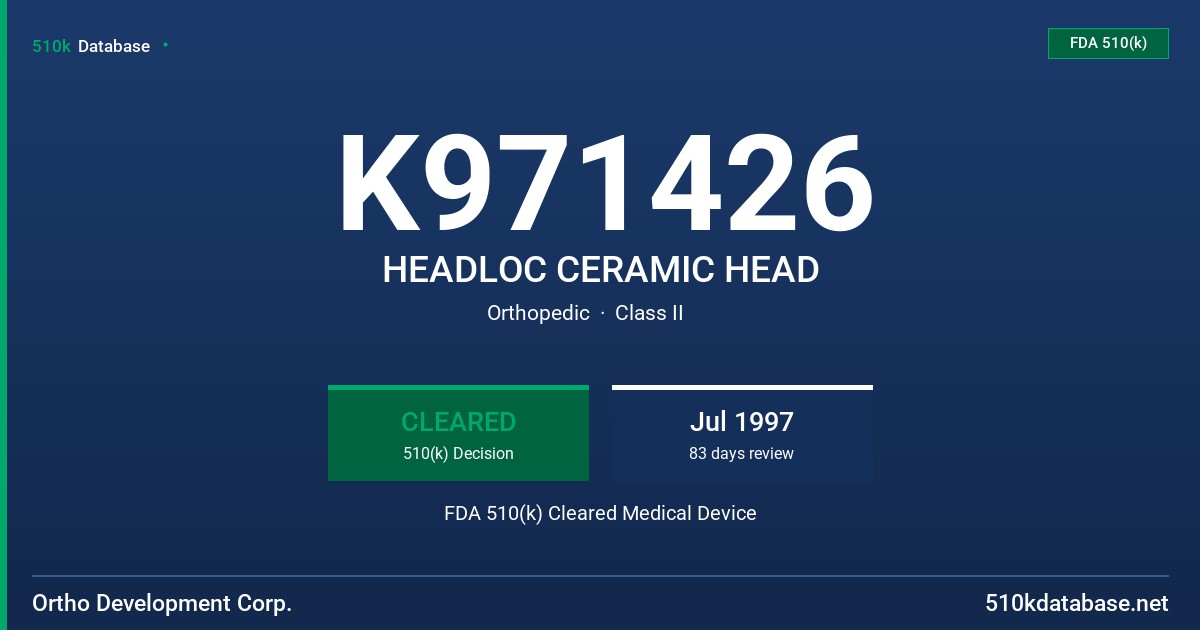 K971426 HEADLOC CERAMIC HEAD FDA 510(k) Cleared Medical Device