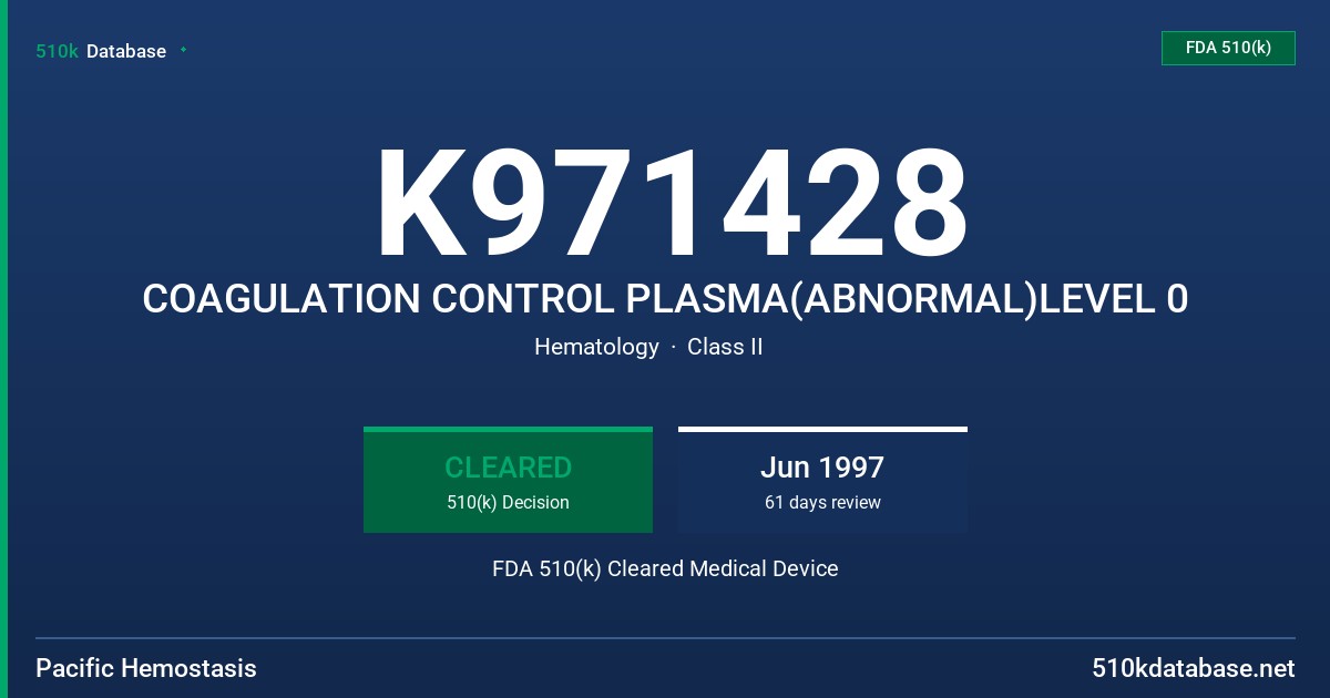 K971428 COAGULATION CONTROL PLASMA(ABNORMAL)LEVEL 0 FDA 510(k) Cleared Medical Device