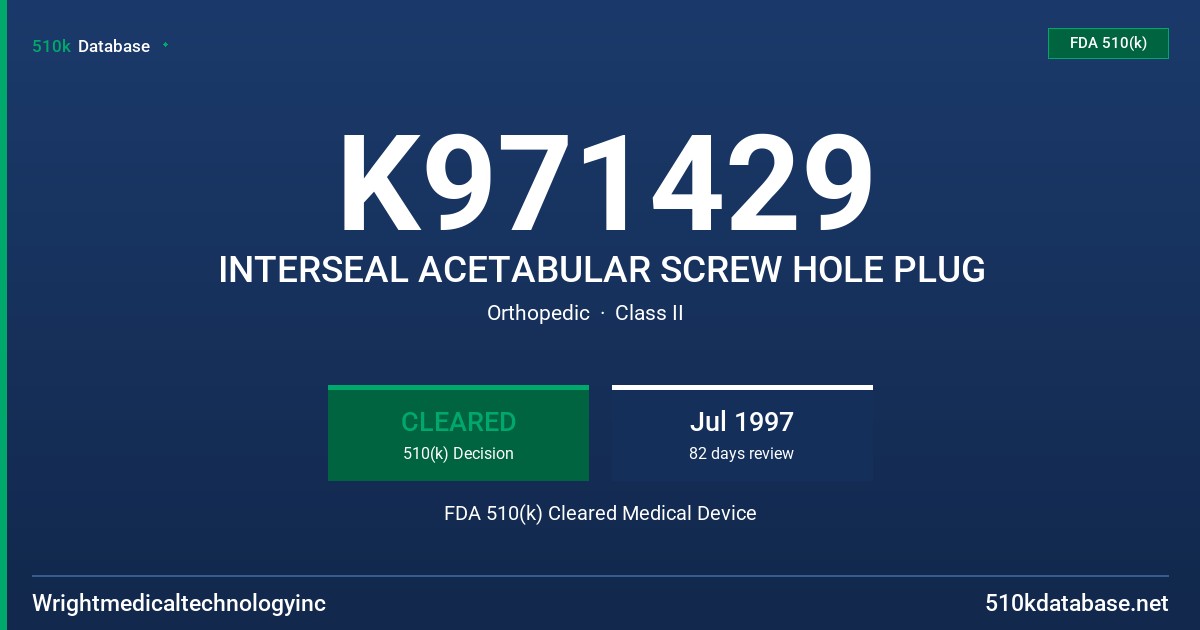 K971429 INTERSEAL ACETABULAR SCREW HOLE PLUG FDA 510(k) Cleared Medical Device