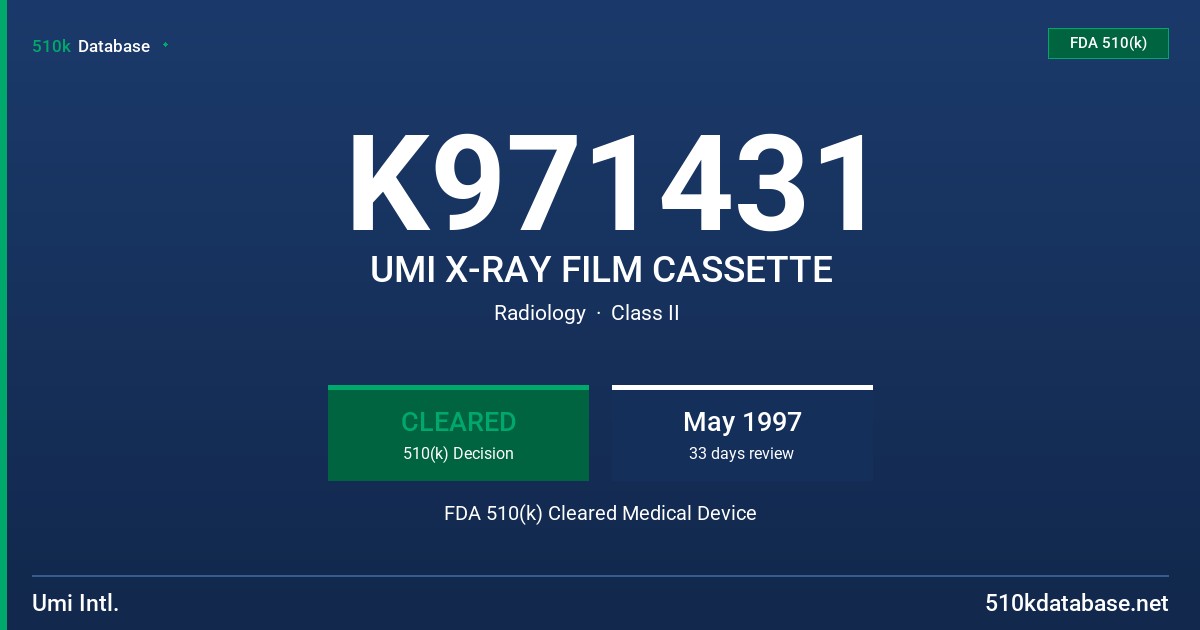 K971431 UMI X-RAY FILM CASSETTE FDA 510(k) Cleared Medical Device