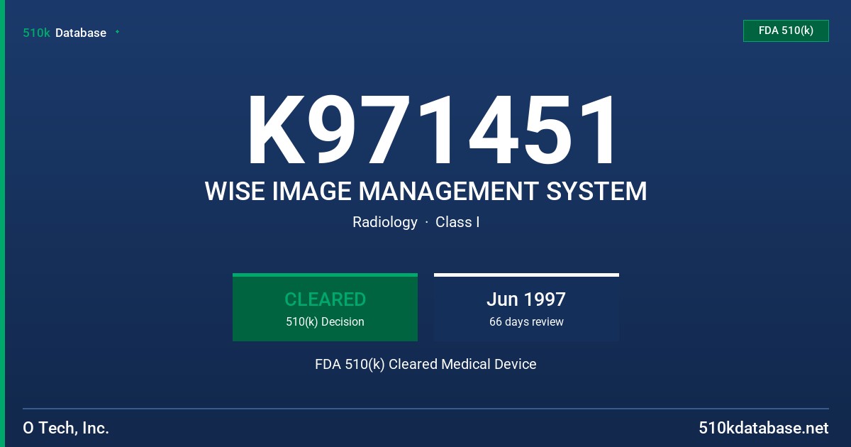 K971451 WISE IMAGE MANAGEMENT SYSTEM FDA 510(k) Cleared Medical Device