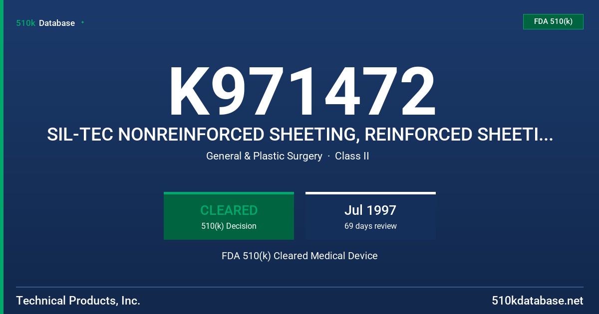 K971472 SIL-TEC NONREINFORCED SHEETING, REINFORCED SHEETING, RADIOPAQUE SHEETING, REINFORCED RADIOPAQUE SHEETING, EXTRA FIRM GRA FDA 510(k) Cleared Medical Device