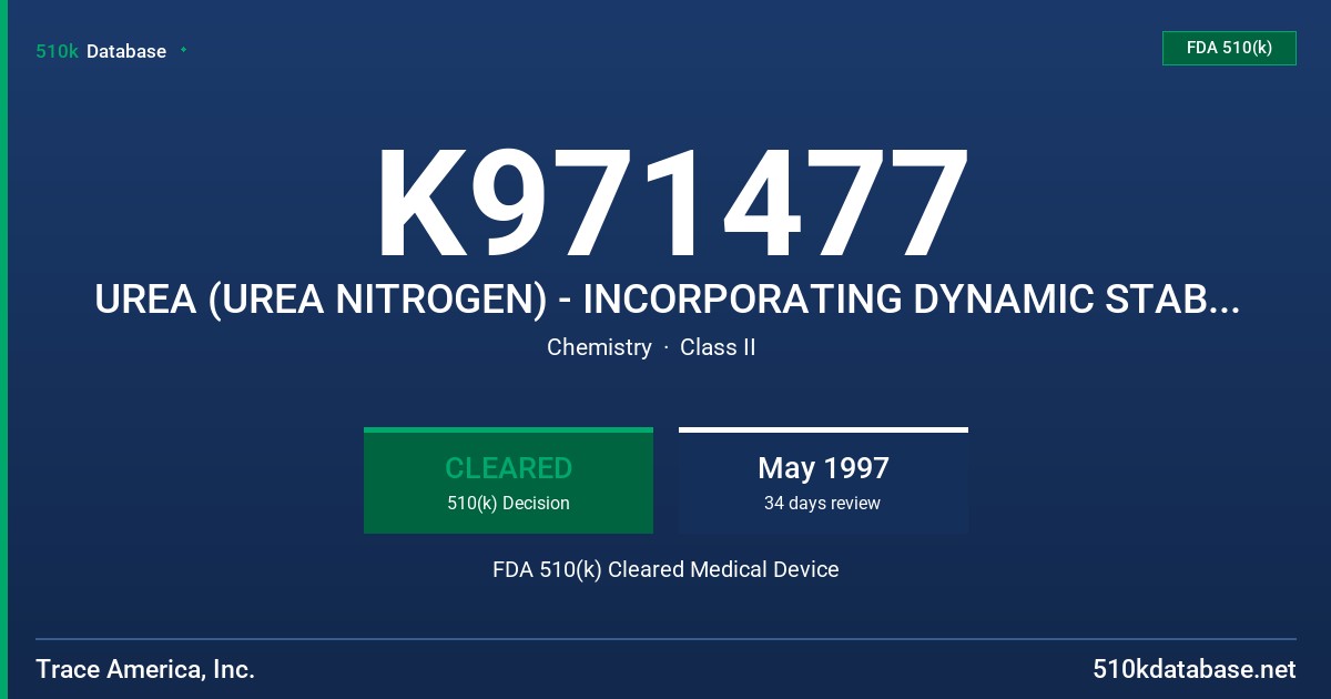 K971477 UREA (UREA NITROGEN) - INCORPORATING DYNAMIC STABILIZATION TECHNOLOGY (DST) FDA 510(k) Cleared Medical Device