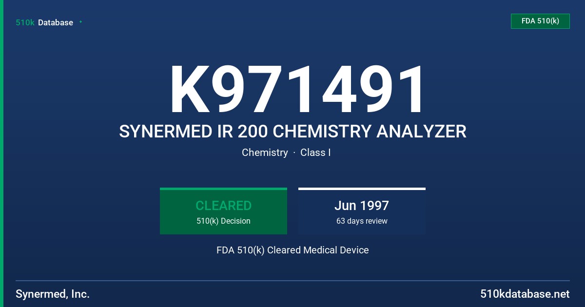 K971491 SYNERMED IR 200 CHEMISTRY ANALYZER FDA 510(k) Cleared Medical Device