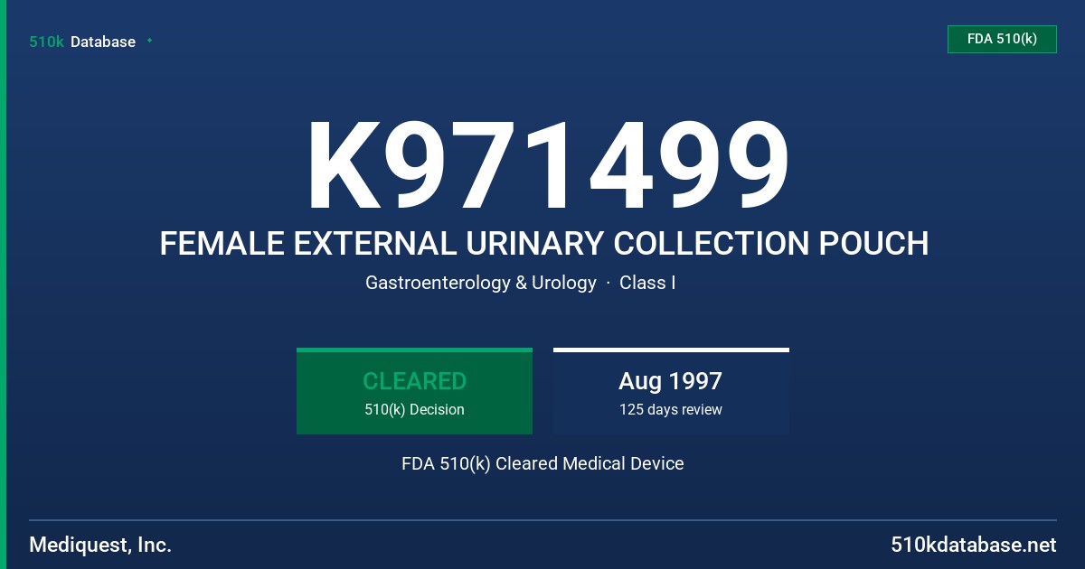 K971499 FEMALE EXTERNAL URINARY COLLECTION POUCH FDA 510(k) Cleared Medical Device