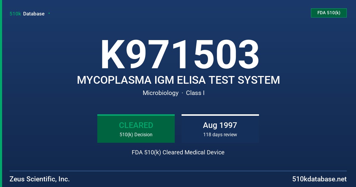 K971503 MYCOPLASMA IGM ELISA TEST SYSTEM FDA 510(k) Cleared Medical Device