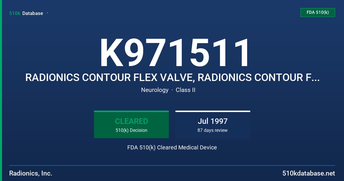 K971511 RADIONICS CONTOUR FLEX VALVE, RADIONICS CONTOUR FLEX PLUS VALVE FDA 510(k) Cleared Medical Device